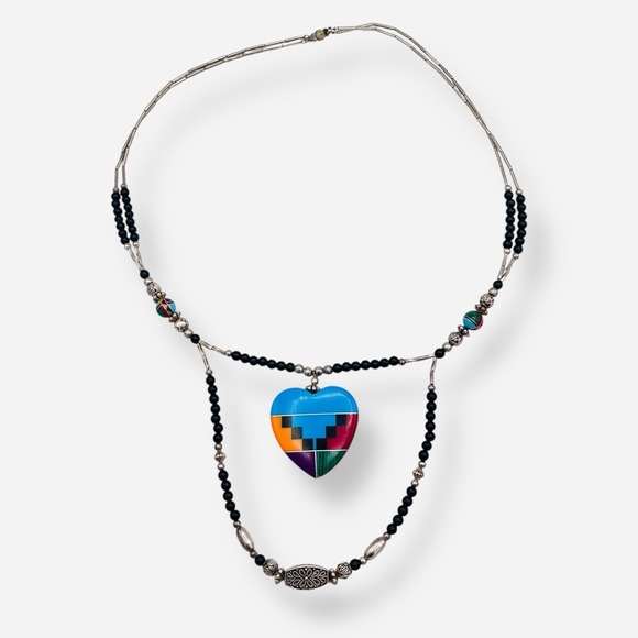 Southwestern Silver Necklace Inlay Heart Pendant Black Onyx Beaded - Picture 1 of 8